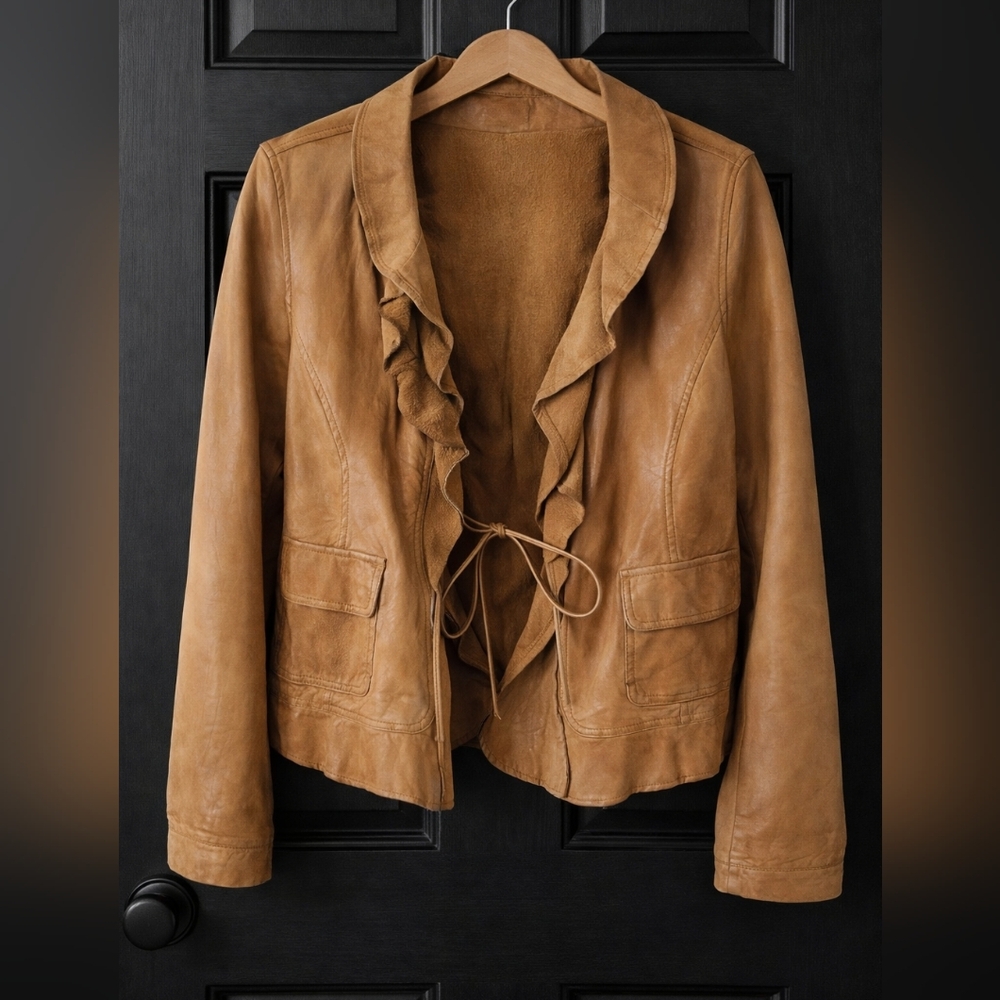 Women's Tan Ruffle Leather Jacket
